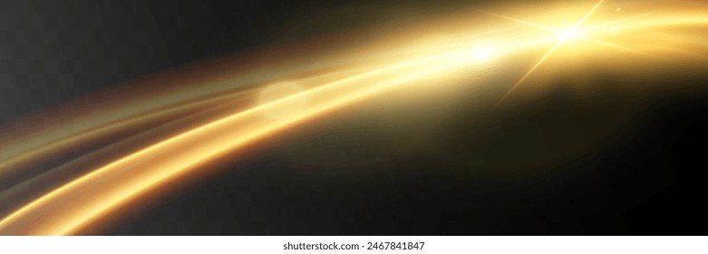 Light wave of shiny gold lines.Gold color glowing design element.Wavy bright stripes.	