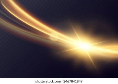 Light wave of shiny gold lines.Gold color glowing design element.Wavy bright stripes.	