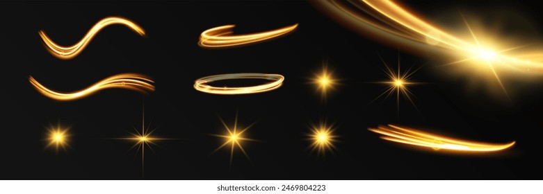 Light wave of shiny gold lines.Gold color glowing design element.Wavy bright stripes.