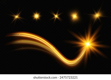 Light wave of shiny gold lines.Gold color glowing design element.Wavy bright stripes.	