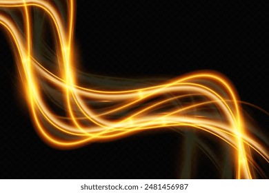 Light wave of shiny gold lines.Gold color glowing design element.Wavy bright stripes.	