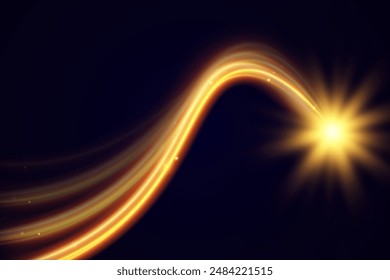 Light wave of shiny gold lines.Gold color glowing design element.Wavy bright stripes.	