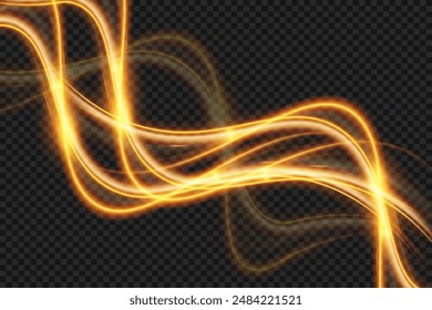 Light wave of shiny gold lines.Gold color glowing design element.Wavy bright stripes.	