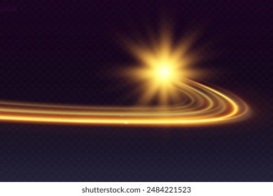 Light wave of shiny gold lines.Gold color glowing design element.Wavy bright stripes.	