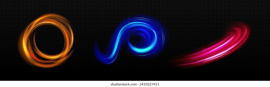 Light waved and circular neon elements with swoosh effect. Realistic vector illustration set of magic golden, blue and pink glowing swirl circle lines. Abstract luminous twirl and vortex trail.