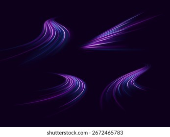 Ondas de luz varrem através de uma via rápida à noite com movimento futurista e efeitos de néon. Linhas brilhantes e onduladas e listras brilhantes criam um design visual abstrato e dinâmico.