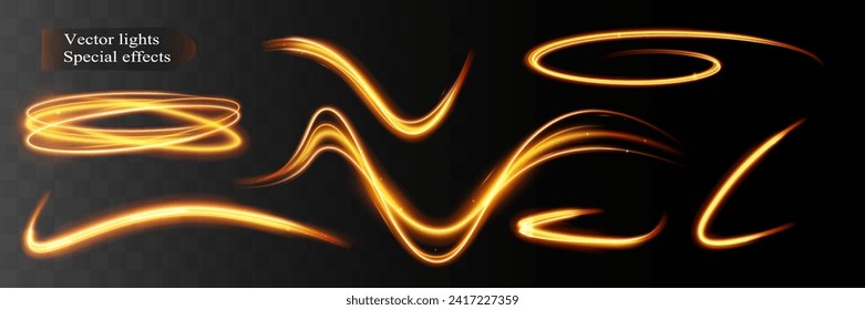 Light wave,shiny gold lines.Color glowing design element.Wavy bright stripes.Vector illustration.