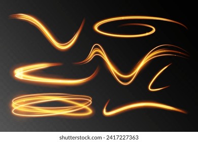 Light wave,shiny gold lines.Color glowing design element.Wavy bright stripes.Vector illustration.