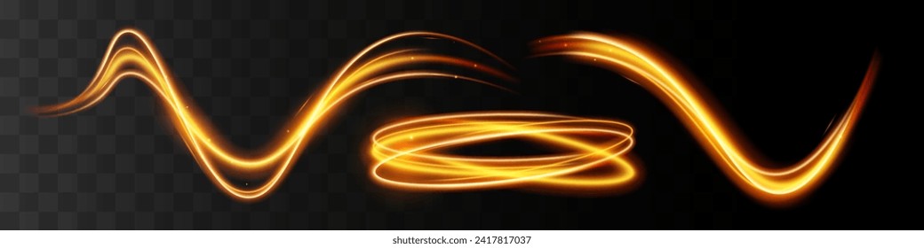 Light wave,shiny gold lines.Color glowing design element.Wavy bright stripes.Vector illustration.	
