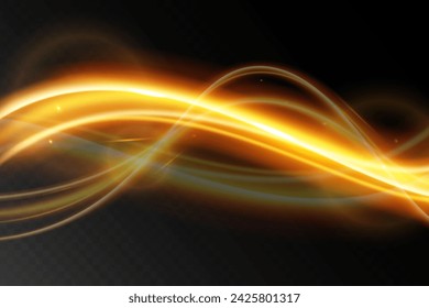 Light wave,shiny gold lines.Color glowing design element.Wavy bright stripes.Vector illustration.	
