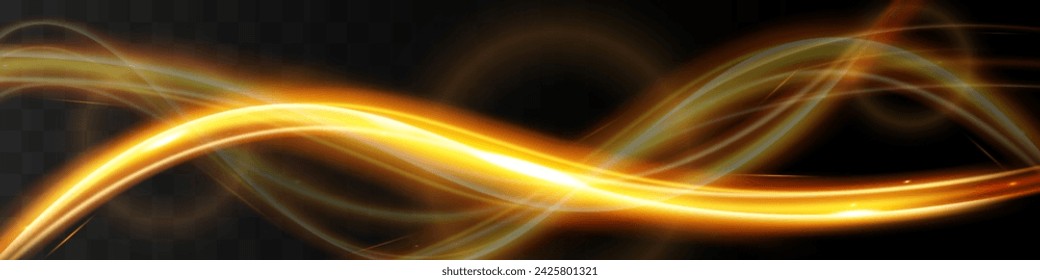 Light wave,shiny gold lines.Color glowing design element.Wavy bright stripes.Vector illustration.	
