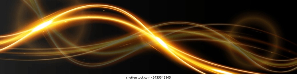 Light wave,shiny gold lines.Color glowing design element.Wavy bright stripes.Vector illustration.