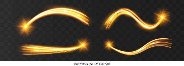 Light wave,shiny gold lines.Color glowing design element.Wavy bright stripes.Vector illustration.