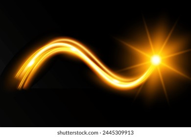 Light wave,shiny gold lines.Color glowing design element.Wavy bright stripes.Vector illustration.