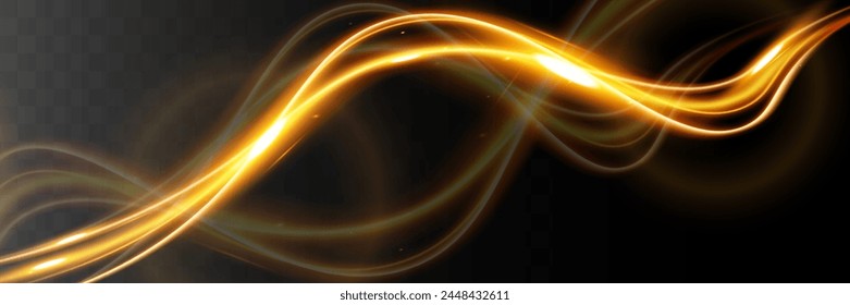 Light wave,shiny gold lines.Color glowing design element.Wavy bright stripes.Vector illustration.
