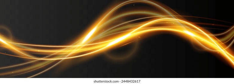 Light wave,shiny gold lines.Color glowing design element.Wavy bright stripes.Vector illustration.
