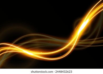 Light wave,shiny gold lines.Color glowing design element.Wavy bright stripes.Vector illustration.
