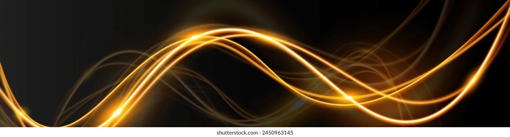 Light wave,shiny gold lines.Color glowing design element.Wavy bright stripes.Vector illustration.