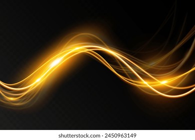 Light wave,shiny gold lines.Color glowing design element.Wavy bright stripes.Vector illustration.