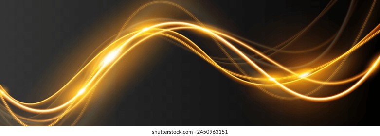 Light wave,shiny gold lines.Color glowing design element.Wavy bright stripes.Vector illustration.