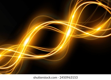 Light wave,shiny gold lines.Color glowing design element.Wavy bright stripes.Vector illustration.