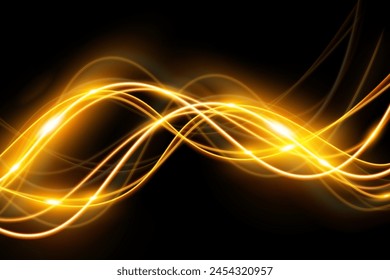 	
Light wave,shiny gold lines.Color glowing design element.Wavy bright stripes.Vector illustration.	
