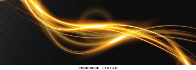 Light wave,shiny gold lines.Color glowing design element.Wavy bright stripes.Vector illustration.	