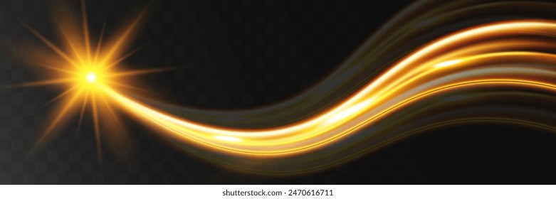 Light wave,shiny gold lines.Color glowing design element.Wavy bright stripes.Vector illustration.	
