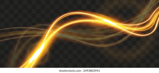 Light wave,shiny gold lines.Color glowing design element.Wavy bright stripes.Vector illustration.	
