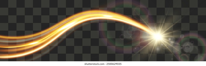 Light wave,shiny gold lines.Color glowing design element.Wavy bright stripes.Vector illustration.	
