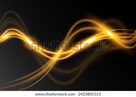 Light wave,shiny gold lines.Color glowing design element.Wavy bright stripes.Vector illustration.	
