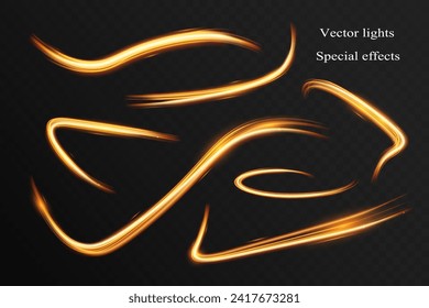 Light wave,shiny gold lines.Vector illustration.Color glowing design element.Wavy bright stripes.