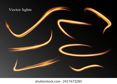 Light wave,shiny gold lines.Vector illustration.Color glowing design element.Wavy bright stripes.