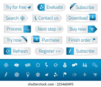 Light web buttons with blue bookmarks and icons