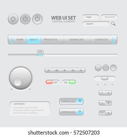 Light Web UI Elements. Buttons, Switches, bars, power buttons, sliders. Vector illustration