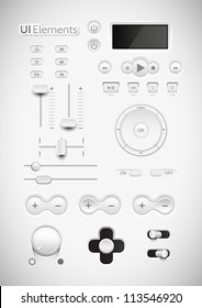 Light Web UI Elements Design Gray. Elements: Buttons, Switchers, Slider, mix, equalizer