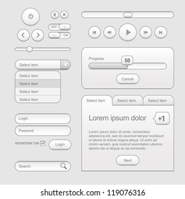 Light Web UI Elements Design Gray. Elements: Buttons, Switchers, Slider