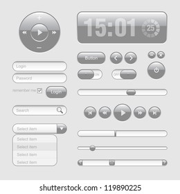 Light Web UI Elements Design Gray. Elements: Buttons, Switchers, Slider