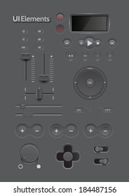 Light Web UI Elements Design Black. Elements: Buttons, Switchers, Slider, mix, equalizer