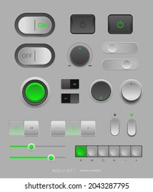 Light Web UI Elements Design Gray. Elements: Buttons, Switches, Slider