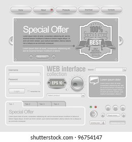 Light Web UI Elements Design Gray. Elements: Buttons, Switchers