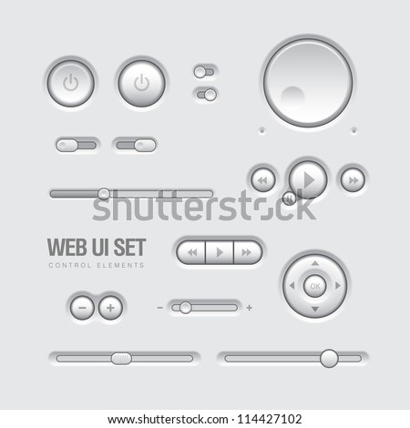 Light Web UI Elements Design Gray. Buttons, Switches, bars, power buttons, sliders