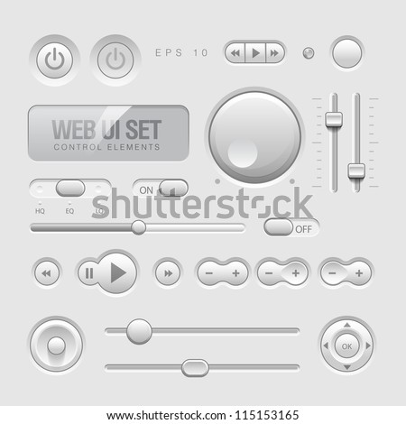 Light Web UI Elements Design Gray. Elements: Buttons, Switchers, Slider