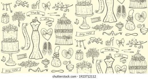 Light wedding bridal seamless pattern with cake, dress, accessories, hearts and ribbons