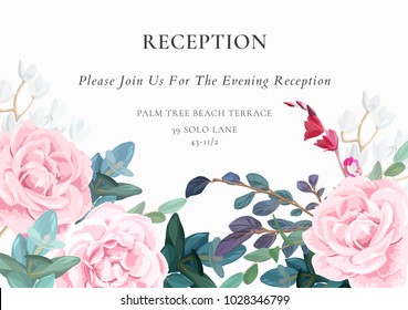 Light wedding design with pink roses, eucaliptus branches and white flowers. Refined reception card design. Vector illustration.