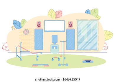 Light Weights Lifting Zone for Beginners and People Undergoing Recovery in Fitness Centre Interior. Rehabilitation and Elderly Persons Training Equipment Background. Flat Cartoon Vector Illustration.