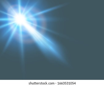 light is white and blue, with a yellow halo with transparent rays. Flash, explosion or glowing star. Vector decorative object on an isolated background.