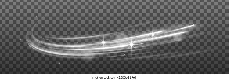 Light white bright white line swirl effect. Glowing white semicircle on isolated background.  Vector illustration stream of fresh wind png. 