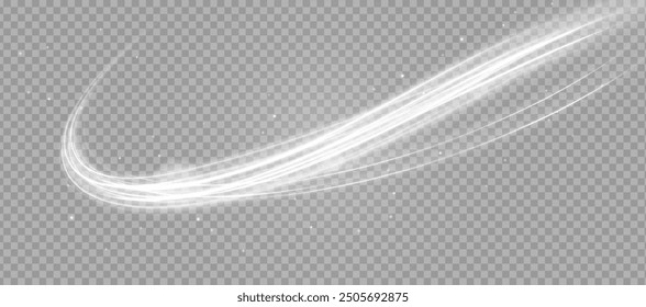 Light white bright white line swirl effect. Glowing white semicircle on isolated background.  Vector illustration stream of fresh wind png. 