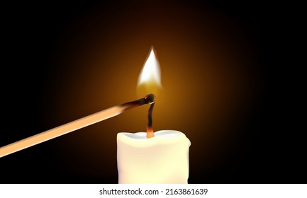 Light a white candle with matches shining on a dark background.vector for illustration design.